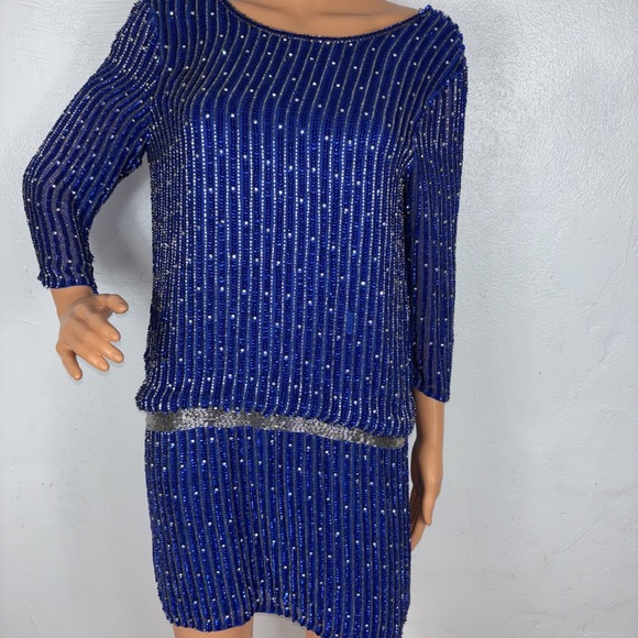 VTG Blue And Silver Sequin Drop Waist Mini Dress 100% Silk Size Xs - Picture 1 of 10